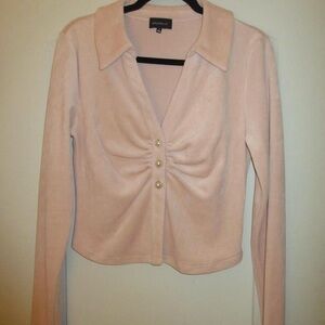 Pink Velvet Long Sleeve Button-Up Top